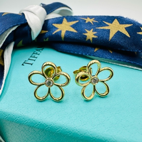 RARE Tiffany & Co. Diamond 18K Yellow Gold Garden Flower Earrings with Packaging - Picture 3 of 13